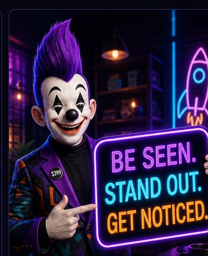399SiteDesign mascot holding a Be Seen Stand Out Get Noticed sign